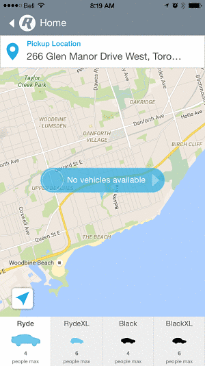 Screenshot of InstaRyde app showing no cars available in Toronto on Monday, July 18.
