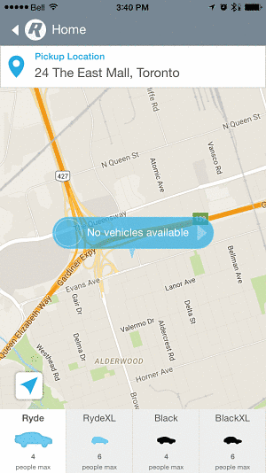 Screenshot showing no cars available from InstaRyde on Sunday, July 17, 2006.