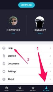 Changing Uber nickname steps 1 and 2: select 'Account' and then 'Help."