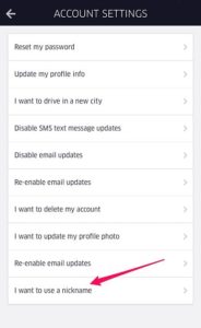 Obvious step in setting nickname for Uber driving, choose "I want to use a nickname"