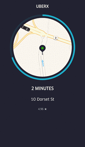 Uber presents passenger rating in small print at bottom of ride notification.
