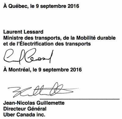 Quebec's Minister of Transport Laurent Lessard and Director General of Uber Canada Jean-Nicolas Guillemette signed a last-minute agreement to keep Uber operating in Montreal.
