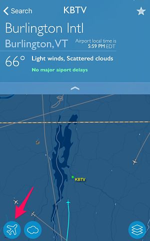 FlightAware airport screen, showing basic weather info and a map of nearby flights.