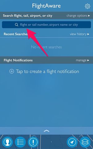 FlightAware start up screen, featuring airport search bar.