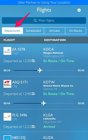 FlightAware default screen, departures. 