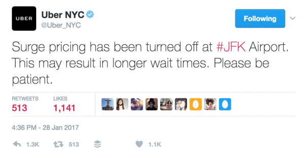 @Uber_NYC posted: "Surge pricing has been turned off at #JFK Airport. This may result in longer wait times. Please be patient."