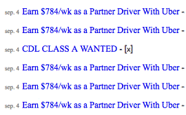 Sample Uber ads, promising drivers will make specific amount ($784/wk)
