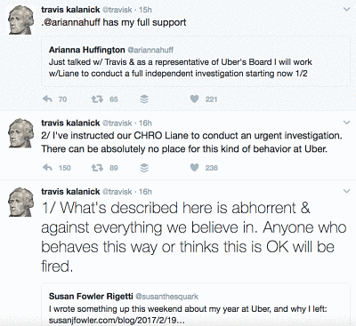 Screenshot showing Uber CEO Travis Kalanick's Tweets following accusations of sexual harassment, trying to minimize #deleteuber.