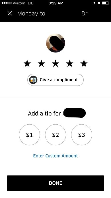 Screenshot of Uber's tipping interface. It has three preset amounts and an option for a custom amount. 